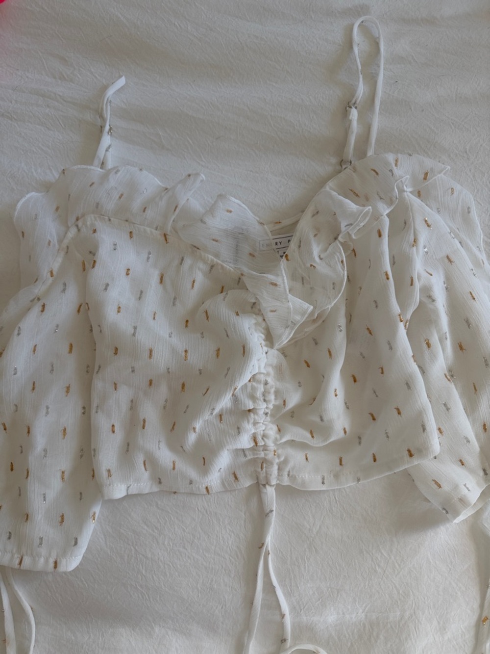 emory park White Spotted Chiffon Blouse with Gold Thread Detail